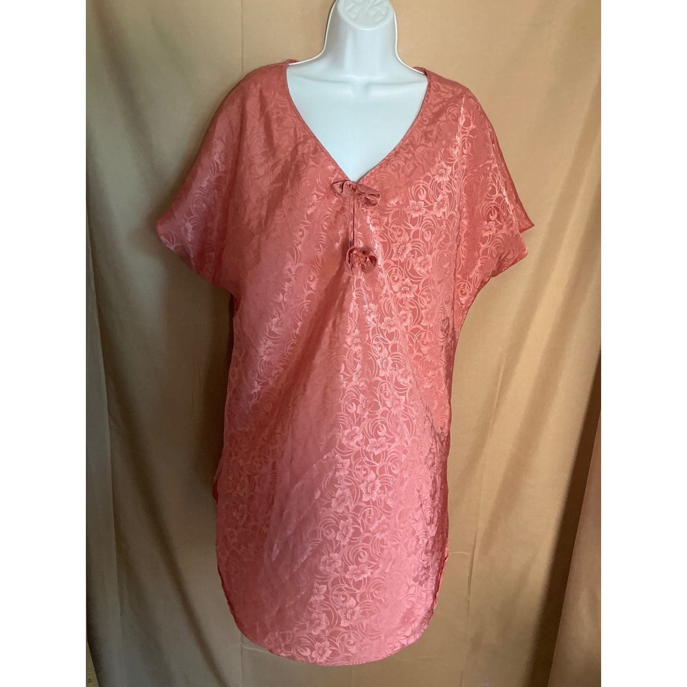 Romantic Moods Nightgown Women Size L Pink Excellent Floral Jacquard V-Neck Bows